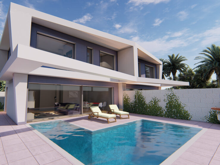 Villas in Semi-detached double height villa with the possibility of up to 4 bedrooms, with an American or independent kitchen. 